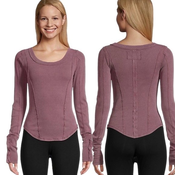 WE THE FREE Cotton Stuck On You Cuff Scoop Neck Top Raw Seams Dusty Rose US Sz L - Picture 1 of 10